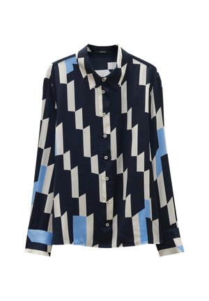 Langermig shirt in marineblauw, crème en lichtblauw. Kenmerkt zich door een geometrisch patroon, knoopsluiting en kraag. Zijdeachtige textuur.