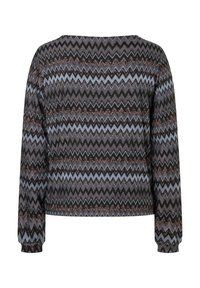 Langärmliges Oberteil mit Zickzackmuster in Schwarz-, Grau-, Hellblau- und Brauntönen, ausgestattet mit rundem Ausschnitt und elastischen Bündchen.