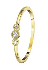 Goldring mit drei kreisförmigen Fassungen, jeweils mit einem klaren Diamanten, polierte Oberfläche, mit einem glatten, abgerundeten Band.