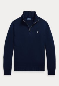 Navy blue Polo Ralph Lauren knit sweater with half zipper and white embroidered horse logo on chest.