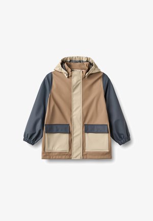Brązowa i beżowa kurtka z kapturem, z ciemnoszarymi rękawami, suwakiem z przodu zakrytym beżową klapą oraz dwoma beżowymi kieszeniami z ciemnoszarymi klapami.