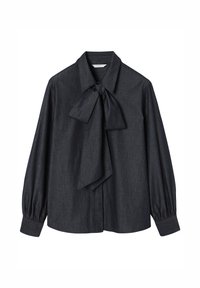 Tmavomodrá blúzka z denimu s veľkou mašľou na golieri, dlhými rukávmi a nariasenými manžetami. Hladká textúra s mierne štruktúrovaným strihom.