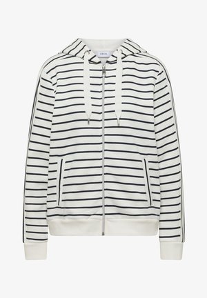 Biała bluza z kapturem na zamek błyskawiczny z czarnymi poziomymi paskami, przednimi kieszeniami i szerokimi sznurkami przy kapturze.