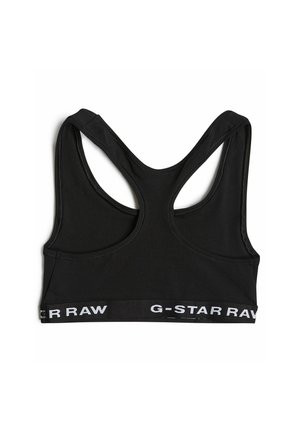 Zwarte sportbeha met een racerback ontwerp, gemaakt van gladde stof. Beschikt over een brede elastische band met het "G-STAR RAW" logo in het wit.