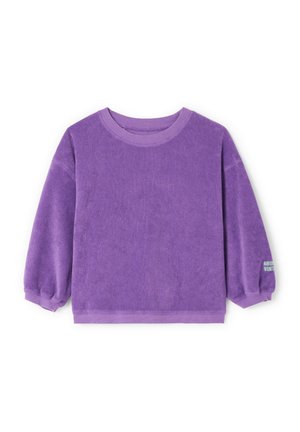 Lila langärmliges Sweatshirt aus Frottee mit geripptem Rundhalsausschnitt und Bündchen, lockerer Passform und kleinem grünen Schriftzug auf dem linken Ärmel.