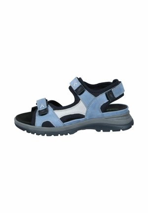 Blue and navy sporty sandals with adjustable straps, textured upper, and a rugged black sole featuring a patterned tread for grip.