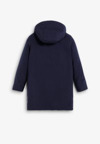 Marineblauwe jas met capuchon, met een slank ontwerp, lange mouwen en een rechte snit. Gemaakt van een gladde, lichte stof.