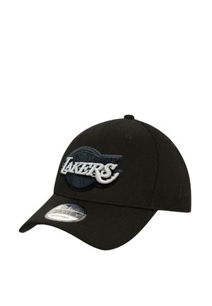 Black cap with a curved brim, featuring an embroidered "LAKERS" logo in white and gray on the front. Made from soft fabric, adjustable size.