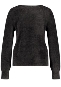 Dunkelgrauer Pullover mit langen Ärmeln, Rundhalsausschnitt und einer weichen, strukturierten Oberfläche, in taillierter Silhouette, die sich an der Taille verjüngt.