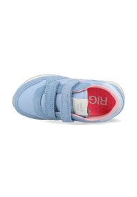 Blue sneaker with suede and smooth textile upper, two Velcro straps, pink interior, and white rubber sole. Features logo on tongue.