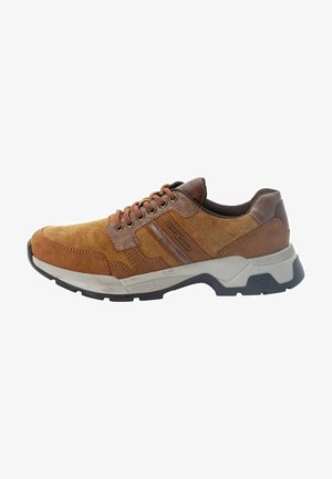 Brown suede and leather sneaker featuring a textured upper, contrasting laces, and a sturdy rubber sole with a thick heel.