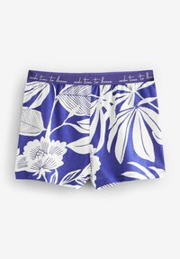 Purple boxers featuring white leaf and floral patterns; elastic waistband with "make time to dream" text; soft, lightweight fabric.