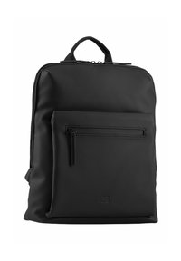 Mochila negra hecha de tela mate, con un bolsillo frontal con cremallera, un asa en la parte superior y un diseño minimalista con acento de logo.