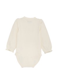 Långärmad krämfärgad bodysuit, mjuk bomull, rund halsringning med volangkant, elastiska ärmslut och tryckknappstängning i botten.