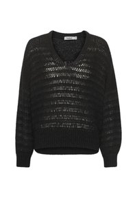 Schwarzer, locker gestrickter Pullover mit V-Ausschnitt und langen Ärmeln, der horizontale Streifenmuster und eine lässige Passform aufweist.