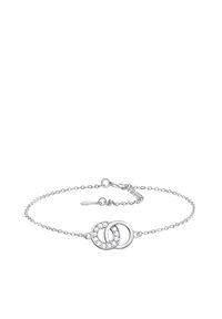 Silverarmband med två sammanflätade cirklar; en har en klar stenar accent. Tunn kedja med en kräftklämma.