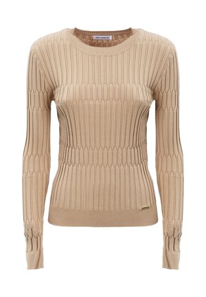 Maglione beige a coste con maniche lunghe, scollo rotondo, silhouette aderente e dettagli in metallo dorato all'orlo.