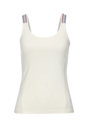 Weißes ärmelloses Tanktop mit mehrfarbigen, gestreiften Trägern und einem dezenten Logo nahe dem unteren Saum auf der rechten Seite.