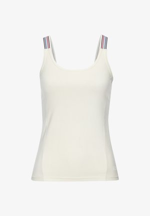 Weißes ärmelloses Tanktop mit mehrfarbigen, gestreiften Trägern und einem dezenten Logo nahe dem unteren Saum auf der rechten Seite.