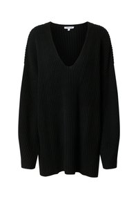 Pull noir en grosse maille avec un col en V profond et des manches longues, présentant un motif côtelé texturé et une coupe décontractée.
