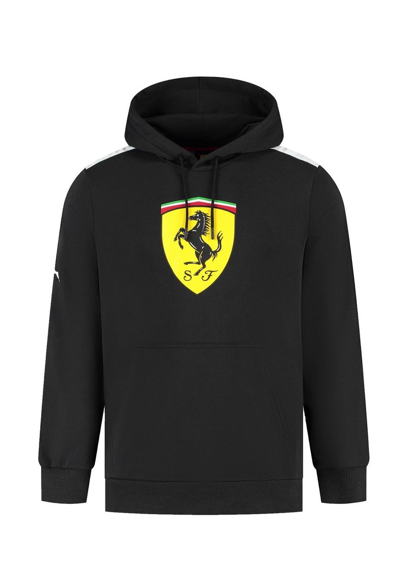 Czarna bluza z kapturem z dużym żółtym logo Ferrari na piersi, białymi akcentami na ramionach i kieszenią z przodu.