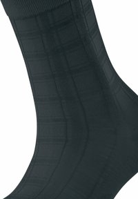 Schwarze Socke mit einem strukturierten Karomuster, geripptem Bündchen und glattem Material, das ein strukturiertes, passgenaues Design zeigt.