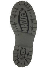 Semelle en caoutchouc noire avec des profondes rainures, présentant le nom de marque gravé "STEVE MADDEN" et la taille "37". Fini texturé pour une adhérence et une durabilité optimales.