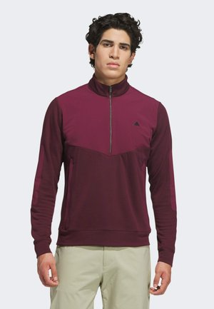 Uomo che indossa un pullover bordeaux con mezzip con logo Adidas, in piedi davanti a uno sfondo grigio chiaro uniforme, con pantaloni beige.