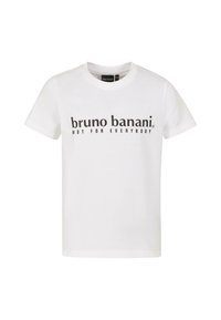 Witte katoenen T-shirt met korte mouwen. Voorzien van een vetgedrukte zwarte tekst "bruno banani NOT FOR EVERYBODY" over de borst.