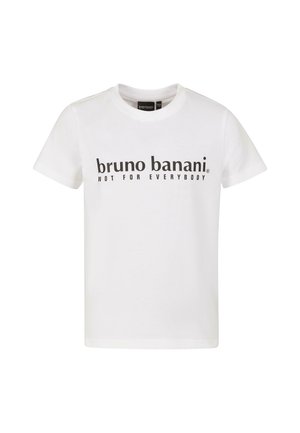 Weißes Baumwoll-T-Shirt mit kurzen Ärmeln. Mit auffälligem schwarzen Text "bruno banani NICHT FÜR JEDEN" auf der Brust.
