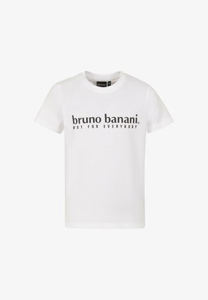 Weißes Baumwoll-T-Shirt mit kurzen Ärmeln. Mit auffälligem schwarzen Text "bruno banani NICHT FÜR JEDEN" auf der Brust.