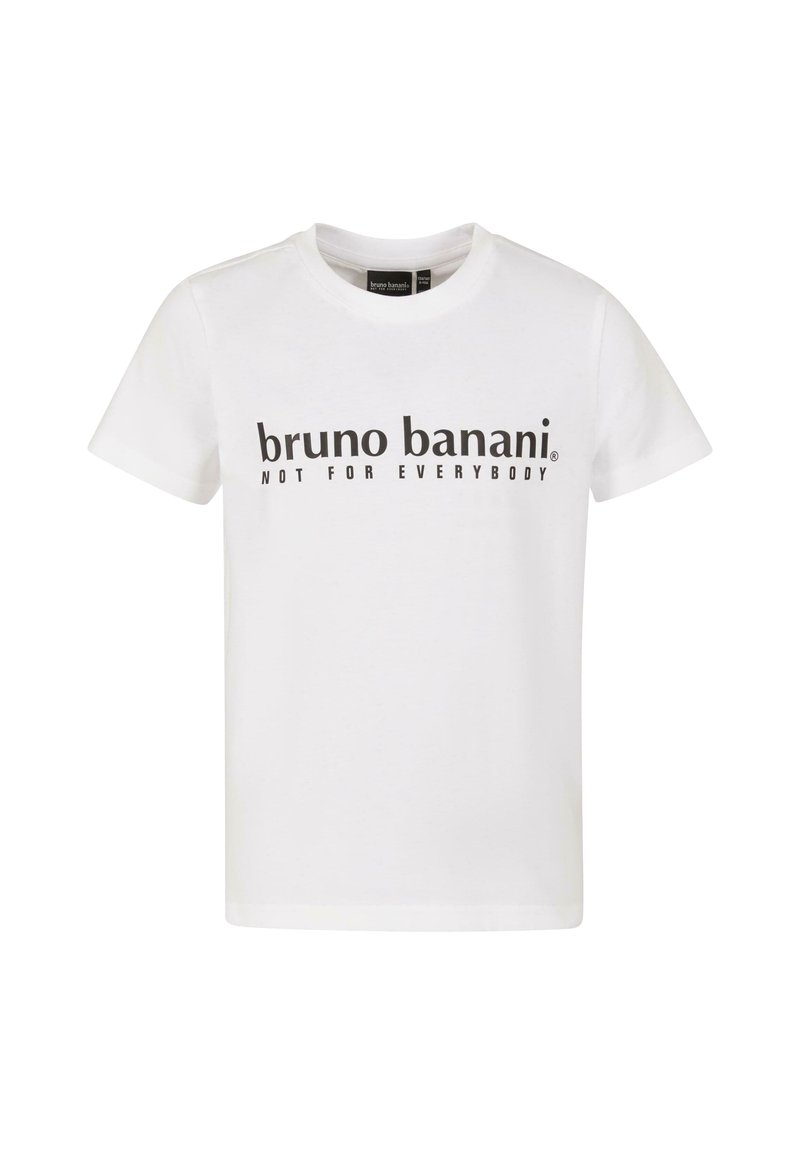 Witte katoenen T-shirt met korte mouwen. Voorzien van een vetgedrukte zwarte tekst "bruno banani NOT FOR EVERYBODY" over de borst.