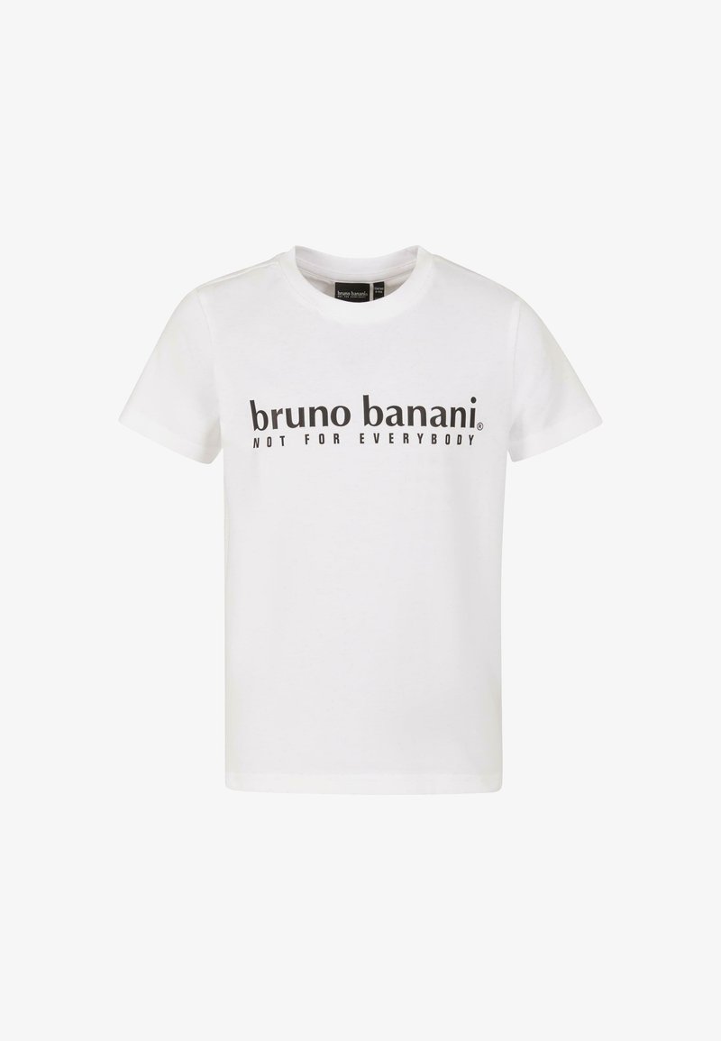 Balts kokvilnas T-krekls ar īsām piedurknēm. Uz krūškurvja ir drosmīgi melni burti ar tekstu "bruno banani NAV VISSIEM".