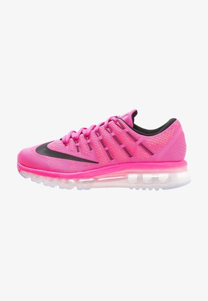 Pink athletic shoe with a mesh upper, black accents, and a transparent air-cushioned sole. Features six lacing loops and textured details.