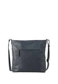 Borsa a tracolla in pelle grigia scura con una texture liscia, dotata di una tasca con zip frontale e una tracolla regolabile. Design rettangolare semplice.