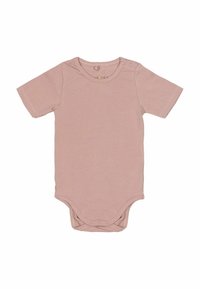 Bodysuit pour bébé à manches courtes en doux rose pâle, avec un col rond et des boutons-pression sur les épaules, ainsi que des fermetures à pression au bas pour un habillage facile.