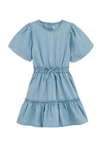 Svetlo modra denim obleka s kratkimi napihnjenimi rokavi, zožanim pasom in nabrano večplastno krilo. Ima okroglo izrez in detajl s trakom.