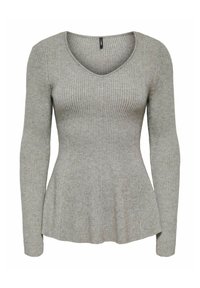 Pelēks ribots tops ar garām piedurknēm, V-veida izgriezumu un izpletni apakšmalā, ar mīkstu tekstūru un pieguļošu augšdaļu, kas pāriet uz izplatušu dizainu.