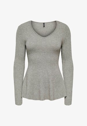 Hall hallitud pikkade varrukatega triibuline top V-kaelusega ja lehvitava servaga, millel on pehme tekstuur ja keha kõige kitsam osa, mis läheb lehvitavaks disainiks.