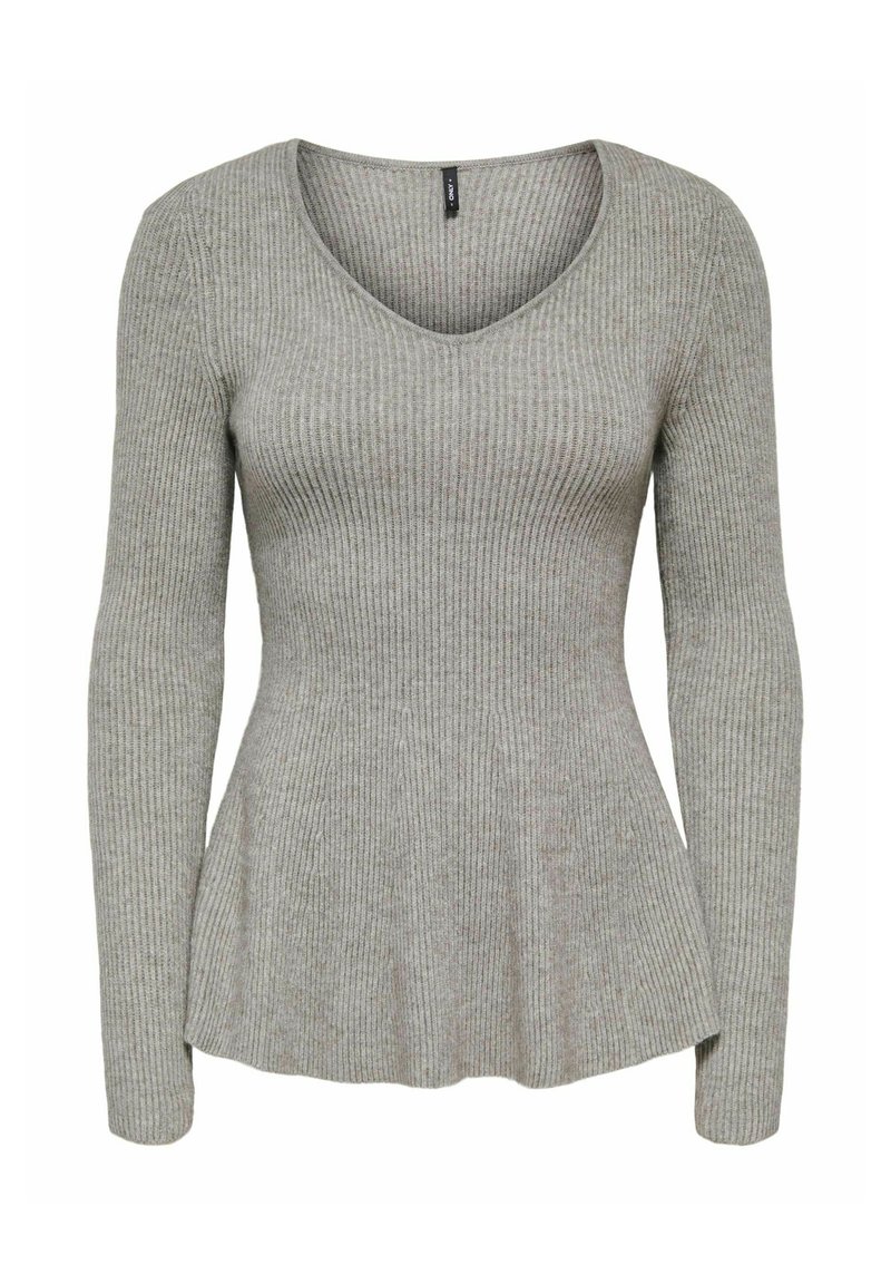 Pelēks ribots tops ar garām piedurknēm, V-veida izgriezumu un izpletni apakšmalā, ar mīkstu tekstūru un pieguļošu augšdaļu, kas pāriet uz izplatušu dizainu.