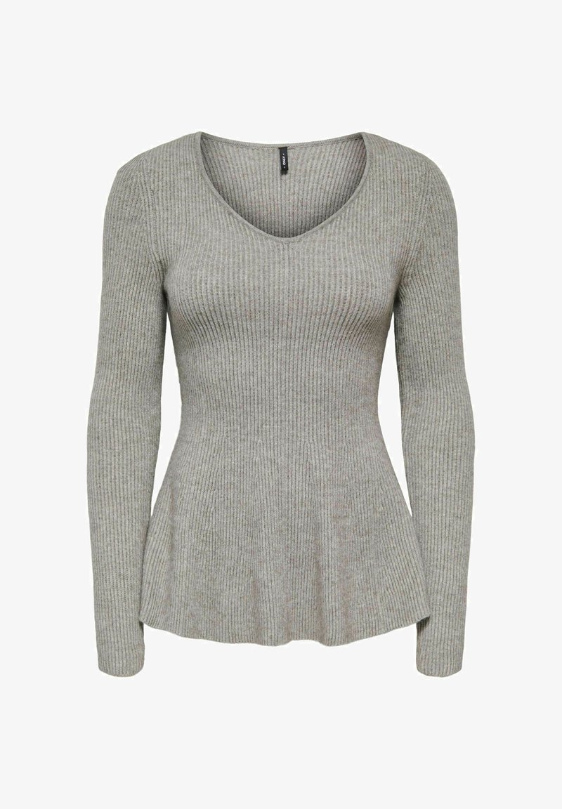 Pelēks ribots tops ar garām piedurknēm, V-veida izgriezumu un izpletni apakšmalā, ar mīkstu tekstūru un pieguļošu augšdaļu, kas pāriet uz izplatušu dizainu.