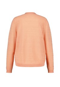 Zacht perzikkleurig langmouwtrui met een subtiel gemêleerd horizontaal streepjespatroon, geribbelde manchetten, zoom en ronde halslijn.