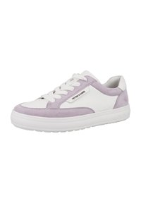 White sneaker with light purple suede accents, featuring a rounded toe, white laces, and a thick white sole. Notable brand tag on side.