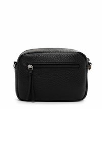 Borsa a tracolla in pelle nera con superficie testurizzata, forma rettangolare e tasca frontale con cerniera. Presenta un nappina e dettagli in metallo argentato.