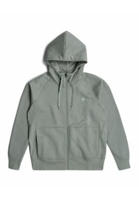 Světle zelená mikina na zip s kapucí se stahovací šňůrkou, raglánovými rukávy, dvěma předními kapsami, žebrovanými manžetami a malým logem na levé hrudi.