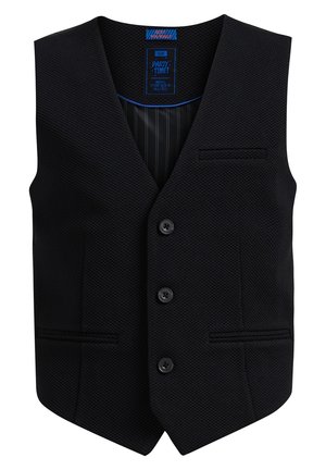 Sort struktureret formel vest med tre knapper, to nederste lommer, en brystlomme og stribet indvendig foring.