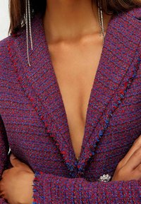 Blazer en tweed rouge et bleu présentant un décolleté en V profond, des bords effilochés et des manches longues, complété par des accents en bijoux en strass.
