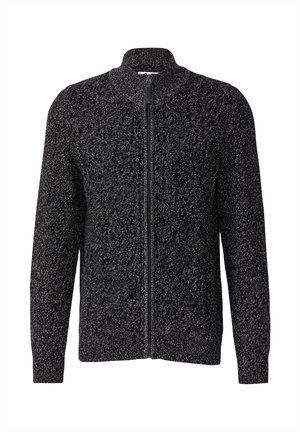 Męski czarny sweter zapinany na zamek, wykonany z tkaniny dzianinowej o teksturowanym wzorze. Posiada wysoki kołnierz i standardowy krój. Zamek błyskawiczny z przodu na środku.