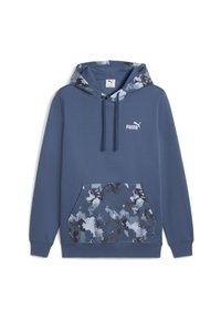 Blå Puma hoodie med camouflagemønstrede hætteforing og frontlomme, med snore og logo på brystet.