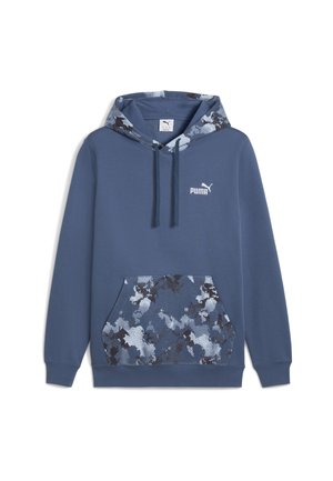 Blå Puma hoodie med camouflagemønstrede hætteforing og frontlomme, med snore og logo på brystet.
